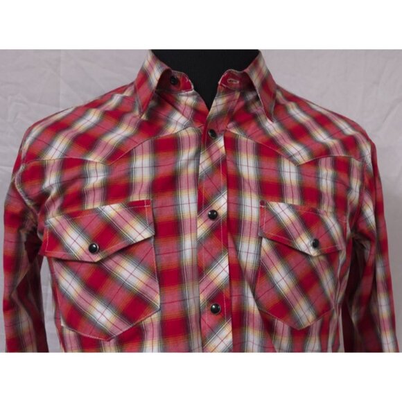 Cowboy Hardware Mens Medium Red Plaid Embroidered Steer Skull Pearl Snap Shirt - Picture 3 of 12